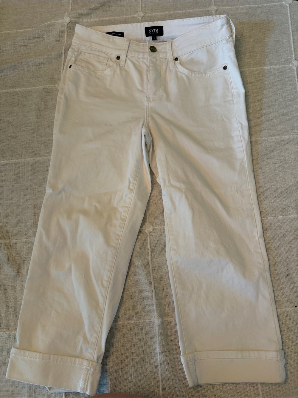 NYDJ White Cropped Straight Jeans with Cuffed Hem